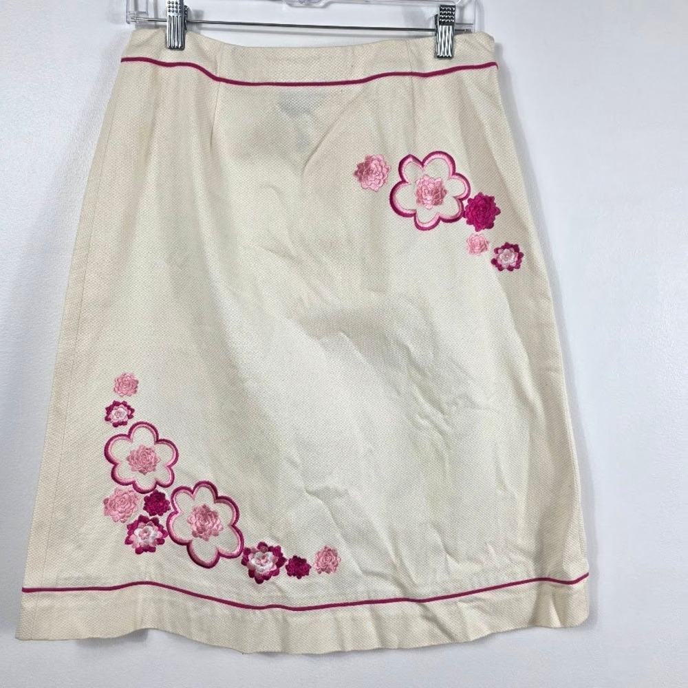 Peck‎ & Peck A-Line Skirt Womens 10 Cream Pink Floral Embroidered Cotton Flaw